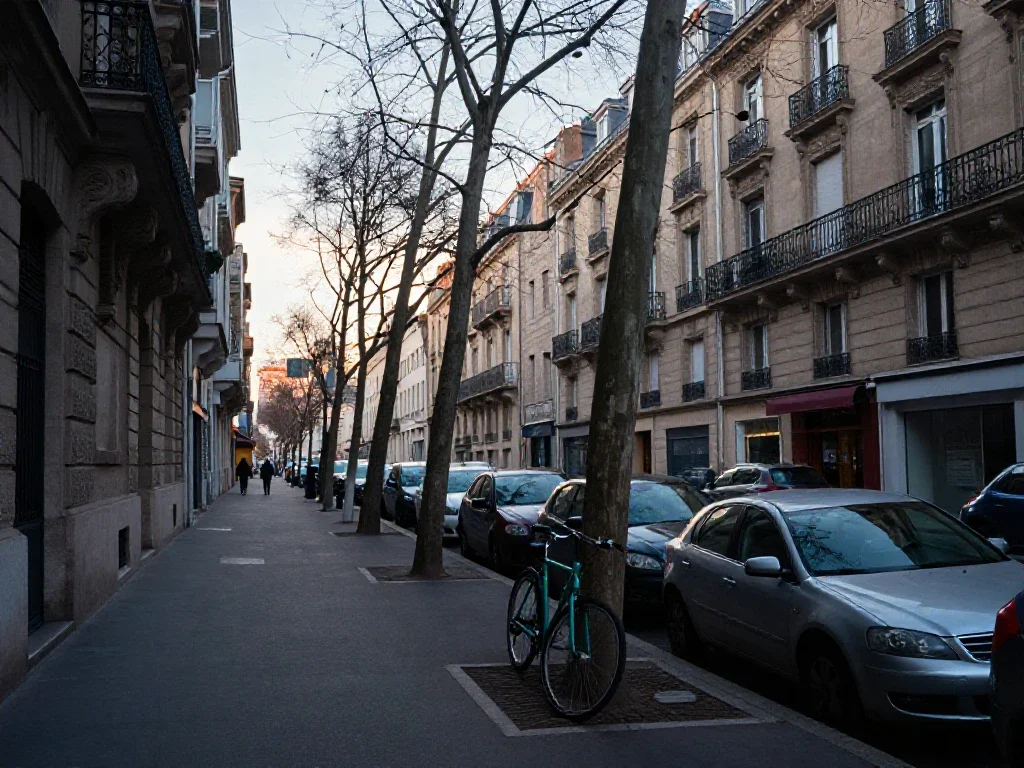 Rue parisienne calme à l'aube avec immeubles haussmanniens et lumière matinale douce.